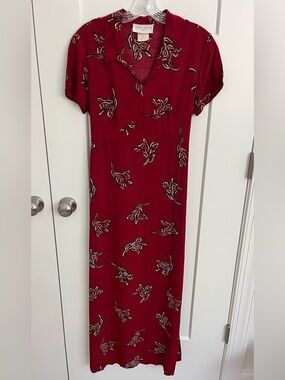 Casual Corner Red Floral Midi Dress Vintage Y2K Tie Back Slip Collared Sz 7 EUC